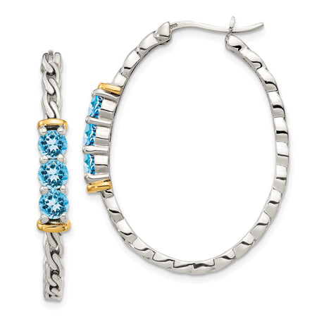 Sterling Silver Two-Tone Hoop Earrings with Blue Topaz and 14k Yellow Gold Accents, Braided Design