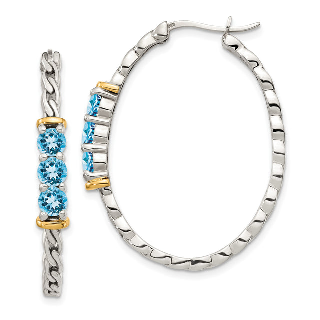 Sterling Silver Two-Tone Hoop Earrings with Blue Topaz and 14k Yellow Gold Accents, Braided Design