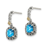 14k Yellow Gold and Sterling Silver Dangle Earrings with Blue Topaz, Floral Filigree Design
