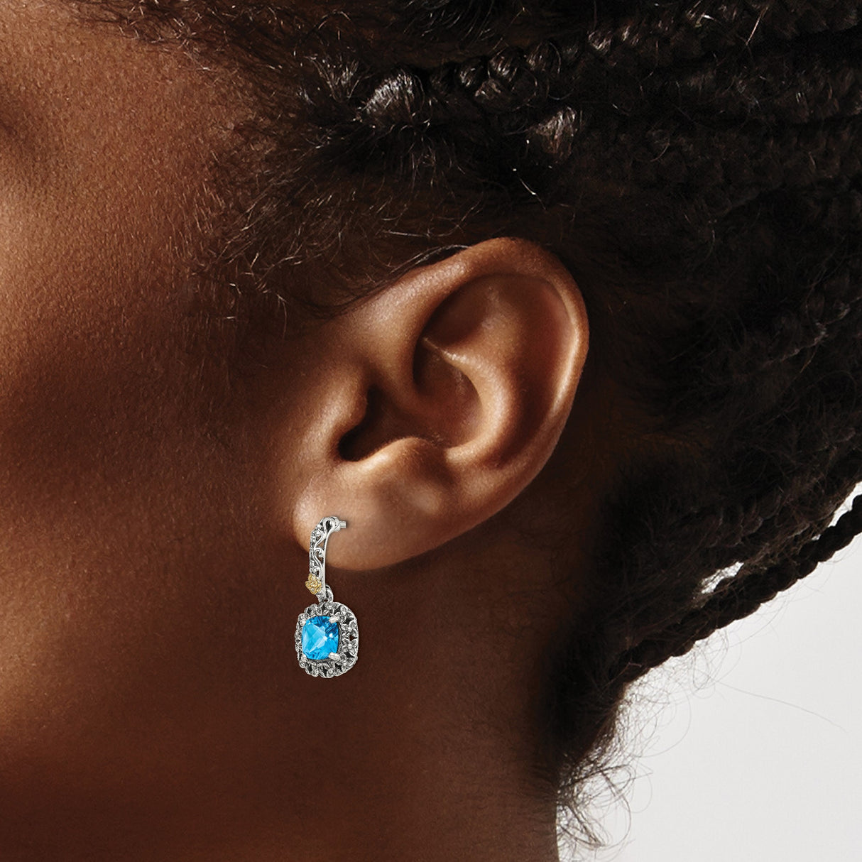 14k Yellow Gold and Sterling Silver Dangle Earrings with Blue Topaz, Floral Filigree Design