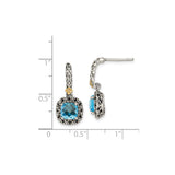 14k Yellow Gold and Sterling Silver Dangle Earrings with Blue Topaz, Floral Filigree Design