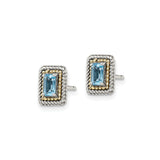 14k Two-Tone Gold Stud Earrings with Rectangular Blue Topaz and Twisted Rope Border