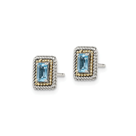 14k Two-Tone Gold Stud Earrings with Rectangular Blue Topaz and Twisted Rope Border