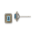 14k Two-Tone Gold Stud Earrings with Rectangular Blue Topaz and Twisted Rope Border