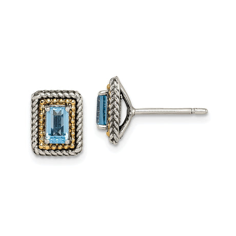 14k Two-Tone Gold Stud Earrings with Rectangular Blue Topaz and Twisted Rope Border