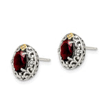 14k Two-Tone Yellow Gold Earrings with Garnet, Filigree Scrollwork, Victorian Style