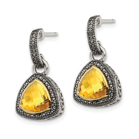 14k Yellow Gold Dangle Earrings with Citrine, Marcasite Accents, Vintage Scroll Design