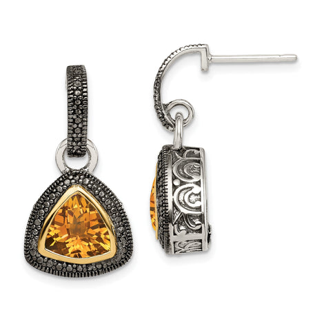 14k Yellow Gold Dangle Earrings with Citrine, Marcasite Accents, Vintage Scroll Design