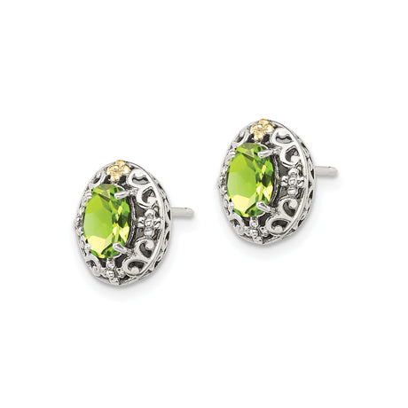 14k Yellow Gold and Sterling Silver Oval Stud Earrings with Peridot, Filigree Vintage Style