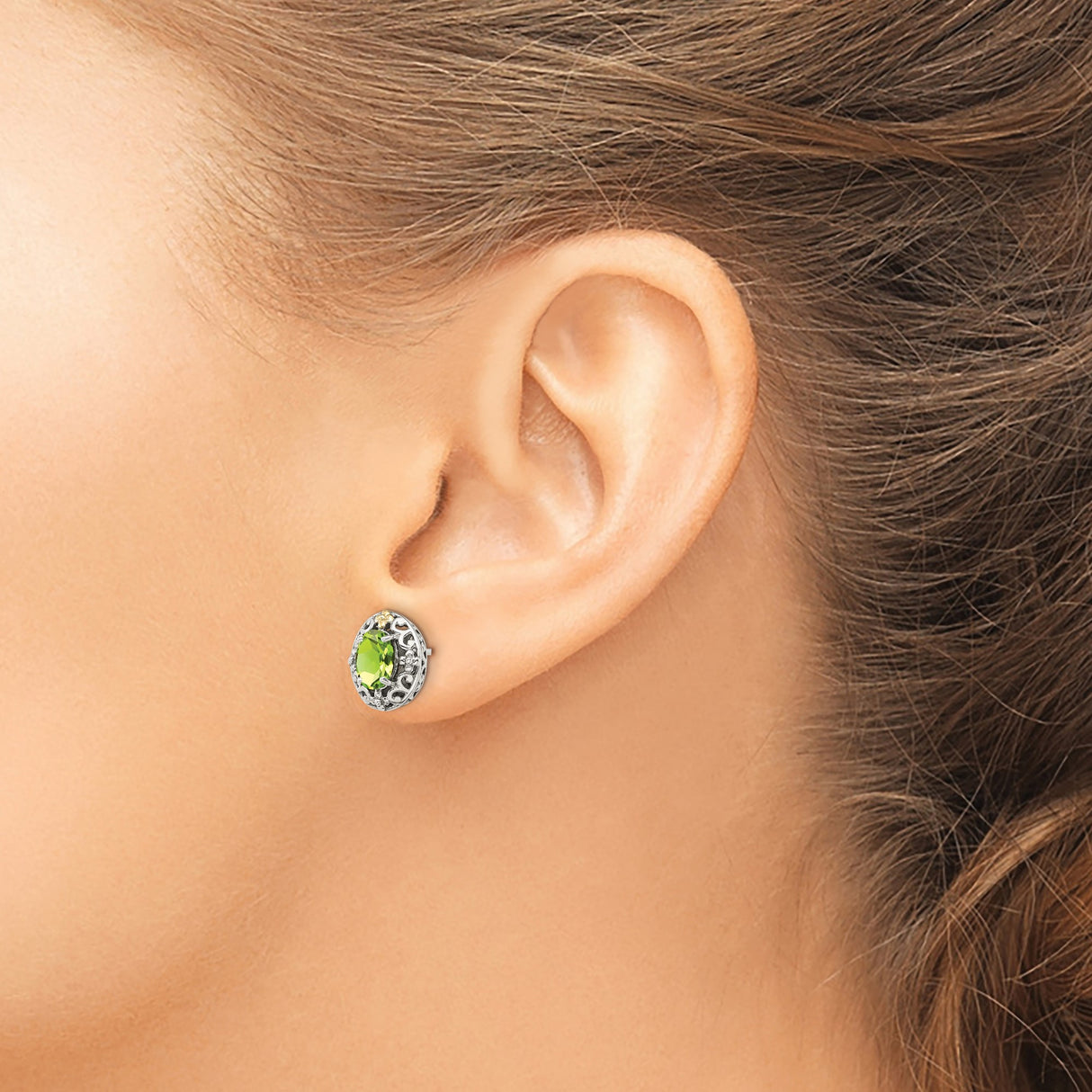 14k Yellow Gold and Sterling Silver Oval Stud Earrings with Peridot, Filigree Vintage Style