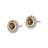 14k Two-Tone Yellow Gold Stud Earrings with Smoky Quartz, Vintage Textured Bezel Setting