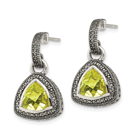 14k Yellow Gold and Sterling Silver Dangle Earrings with Lemon Quartz, Marcasite Accents, Vintage Style
