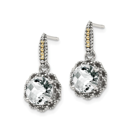 14k Two-Tone Yellow Gold Drop Earrings with White Topaz, Vintage Filigree, Floral Accents