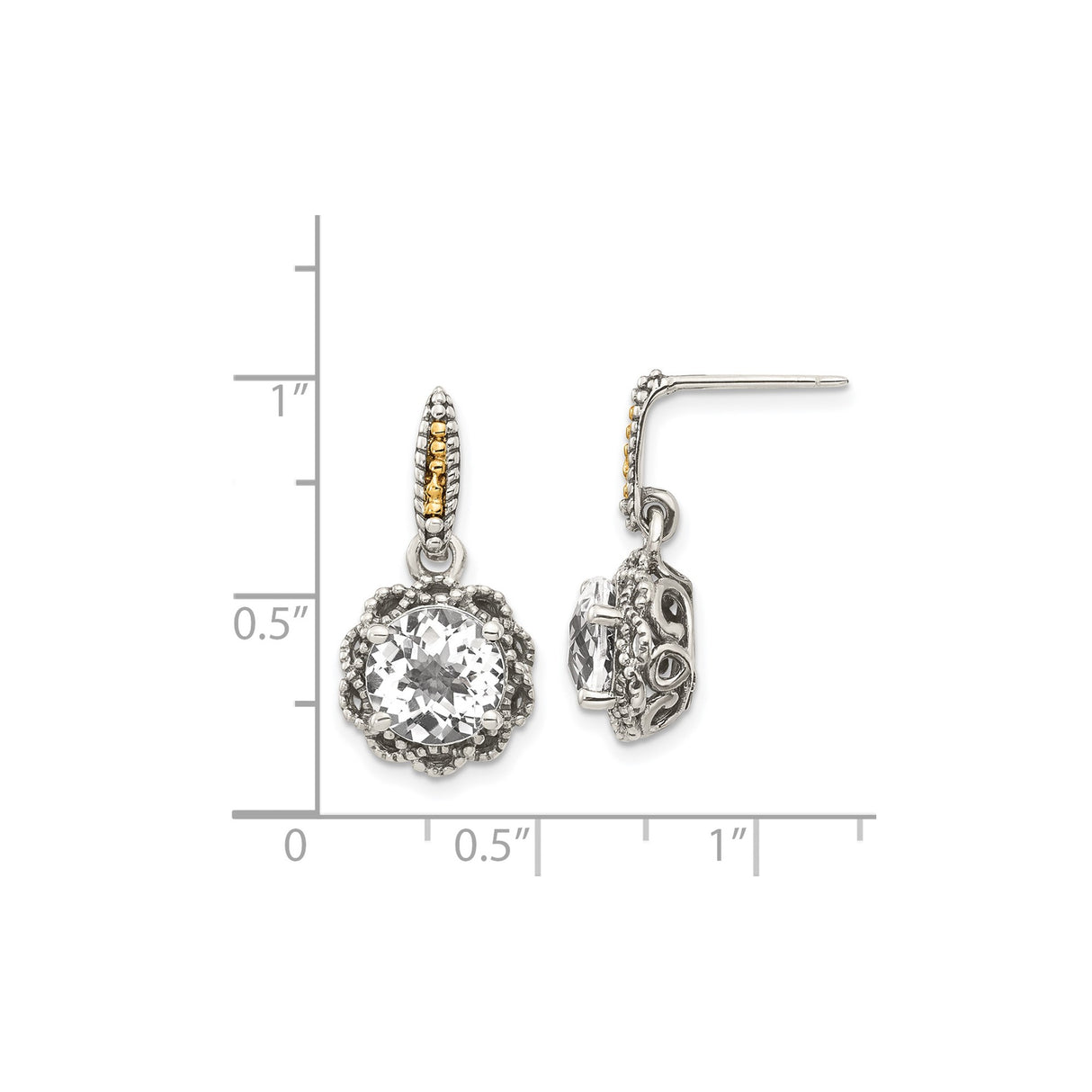 14k Two-Tone Yellow Gold Drop Earrings with White Topaz, Vintage Filigree, Floral Accents