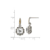 14k Two-Tone Yellow Gold Drop Earrings with White Topaz, Vintage Filigree, Floral Accents
