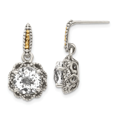14k Yellow Gold and Sterling Silver Drop Earrings with White Topaz, Vintage Filigree, Floral Accents