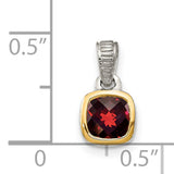 14k Two-Tone Gold Garnet Pendant with Cushion Cut Red Gemstone and Textured Silver Bail