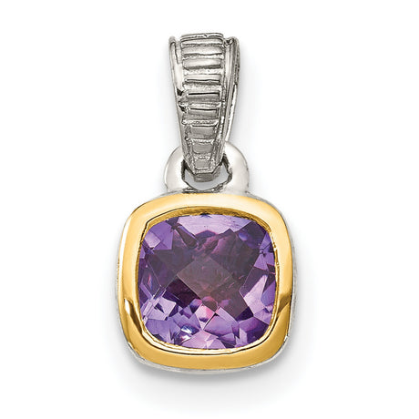 14k Two-Tone Gold Pendant with Cushion Cut Amethyst, Textured Silver Bail
