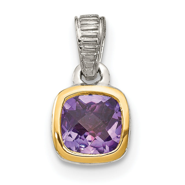 14k Two-Tone Gold Pendant with Cushion Cut Amethyst, Textured Silver Bail