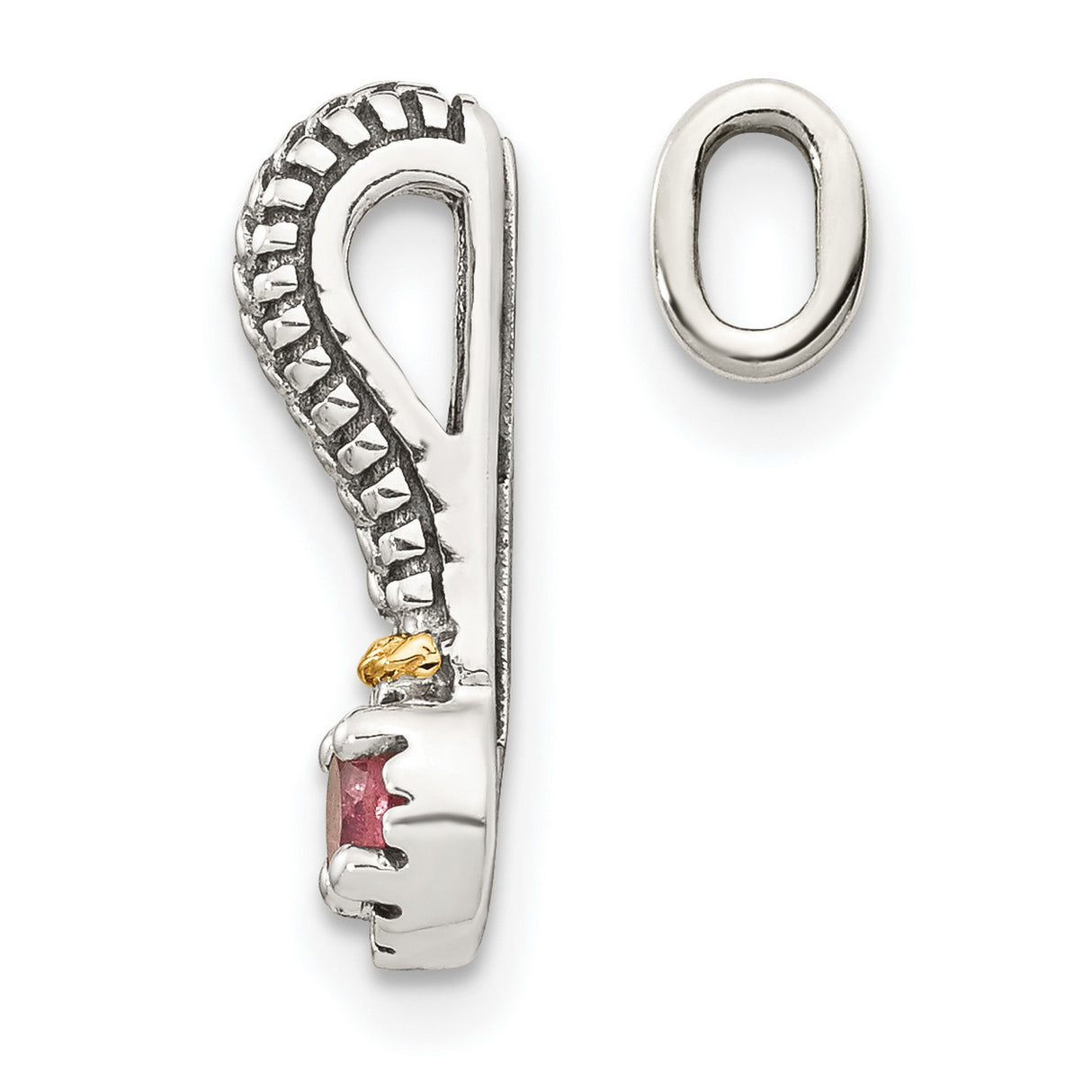 14k and Sterling Silver Charm Bead with Pink Tourmaline, Rope Pattern Dangle Design
