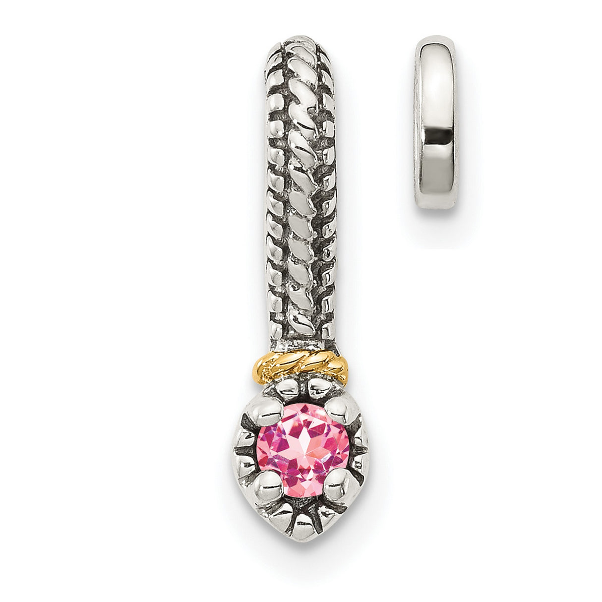 14k and Sterling Silver Charm Bead with Pink Tourmaline, Rope Pattern Dangle Design