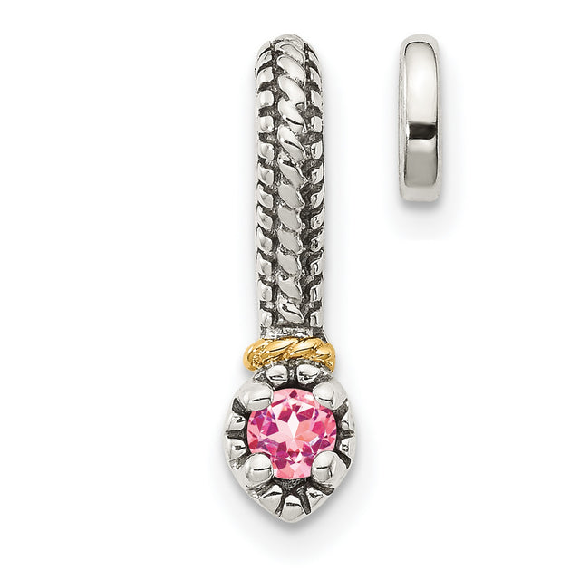 14k and Sterling Silver Charm Bead with Pink Tourmaline, Rope Pattern Dangle Design