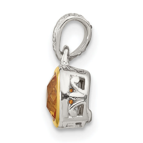 14k Two-Tone Gold and Sterling Silver Cushion Citrine Pendant with Textured Bail