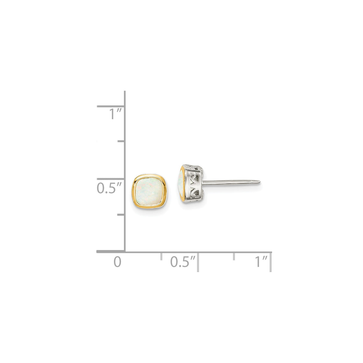 14k Yellow Gold and Sterling Silver Stud Earrings with Cushion Cut White Opal, Filigree Design