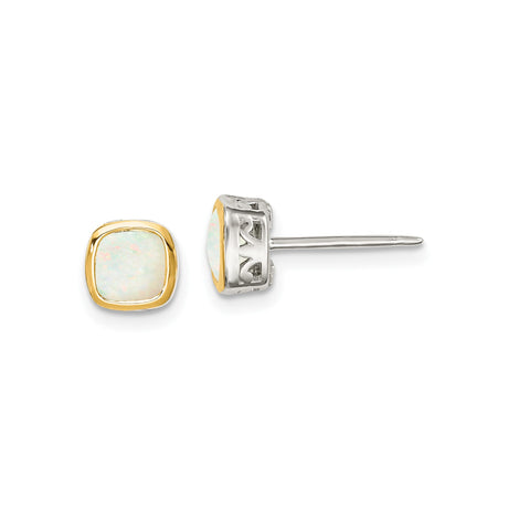 14k Yellow Gold and Sterling Silver Stud Earrings with Cushion Cut White Opal, Filigree Design