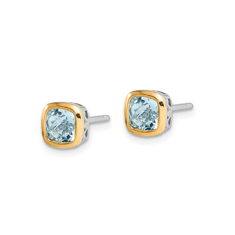 14k Yellow Gold and Sterling Silver Aquamarine Stud Earrings, Cushion Cut, Open Bezel Setting