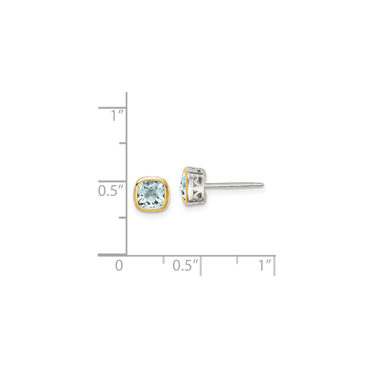 14k Yellow Gold and Sterling Silver Aquamarine Stud Earrings, Cushion Cut, Open Bezel Setting