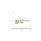 14k Yellow Gold and Sterling Silver Aquamarine Stud Earrings, Cushion Cut, Open Bezel Setting