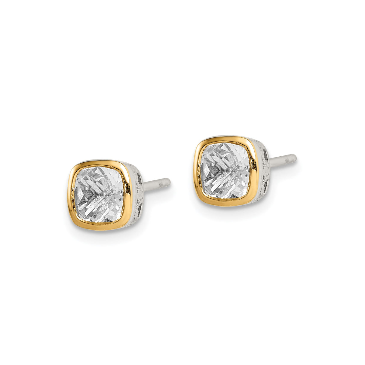 14k Two-Tone Yellow Gold Stud Earrings with White Topaz, Cushion Cut, Filigree Detail