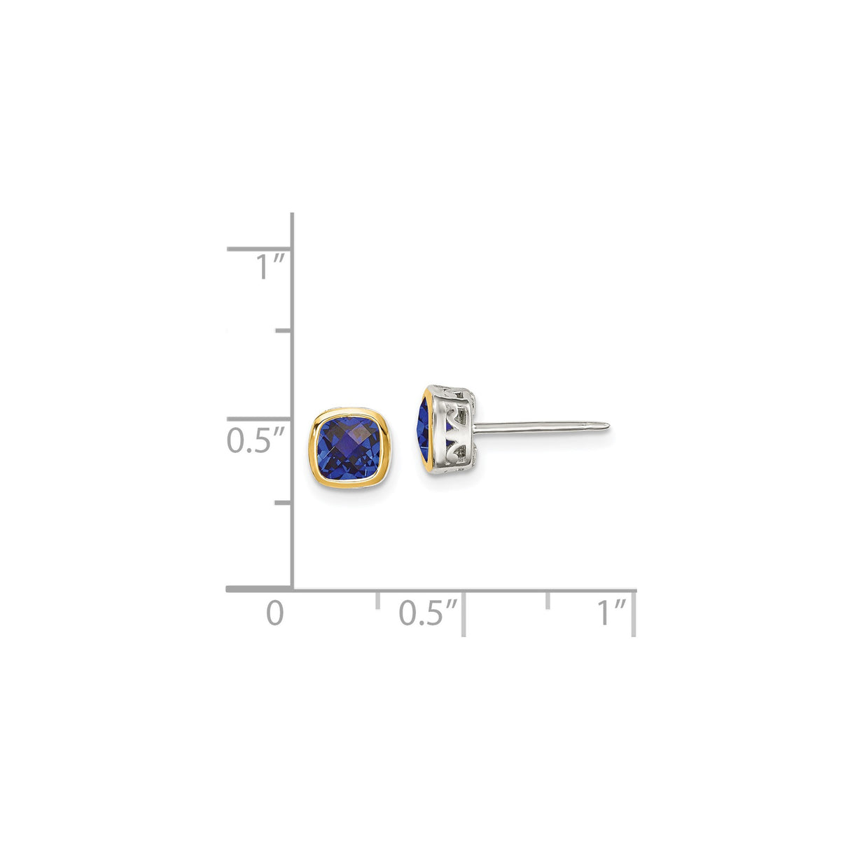 14k Yellow Gold and Sterling Silver Stud Earrings with Created Sapphire, Cushion-Cut, Openwork Design