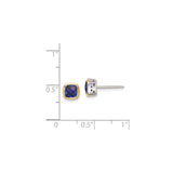 14k Yellow Gold and Sterling Silver Stud Earrings with Created Sapphire, Cushion-Cut, Openwork Design