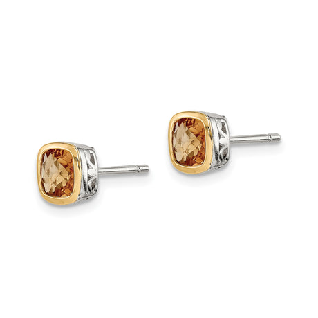 14k Yellow Gold Stud Earrings with Cushion-Cut Citrine in Two-Tone Filigree Square Design