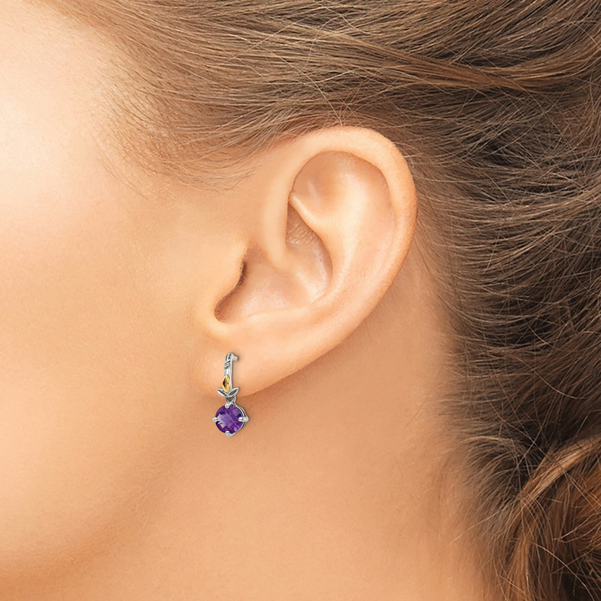 14k Two-Tone Gold Dangle Earrings with Amethyst, Leaf Motif Floral Design for Women