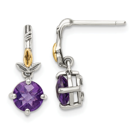 14k Two-Tone Gold Dangle Earrings with Amethyst, Leaf Motif Floral Design for Women