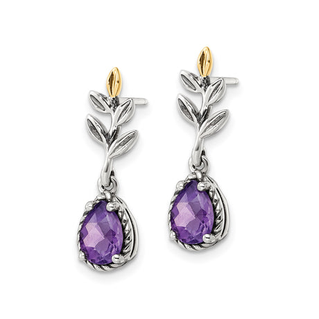 14k Yellow Gold and Sterling Silver Dangle Earrings with Amethyst, Leaf and Vine Motif