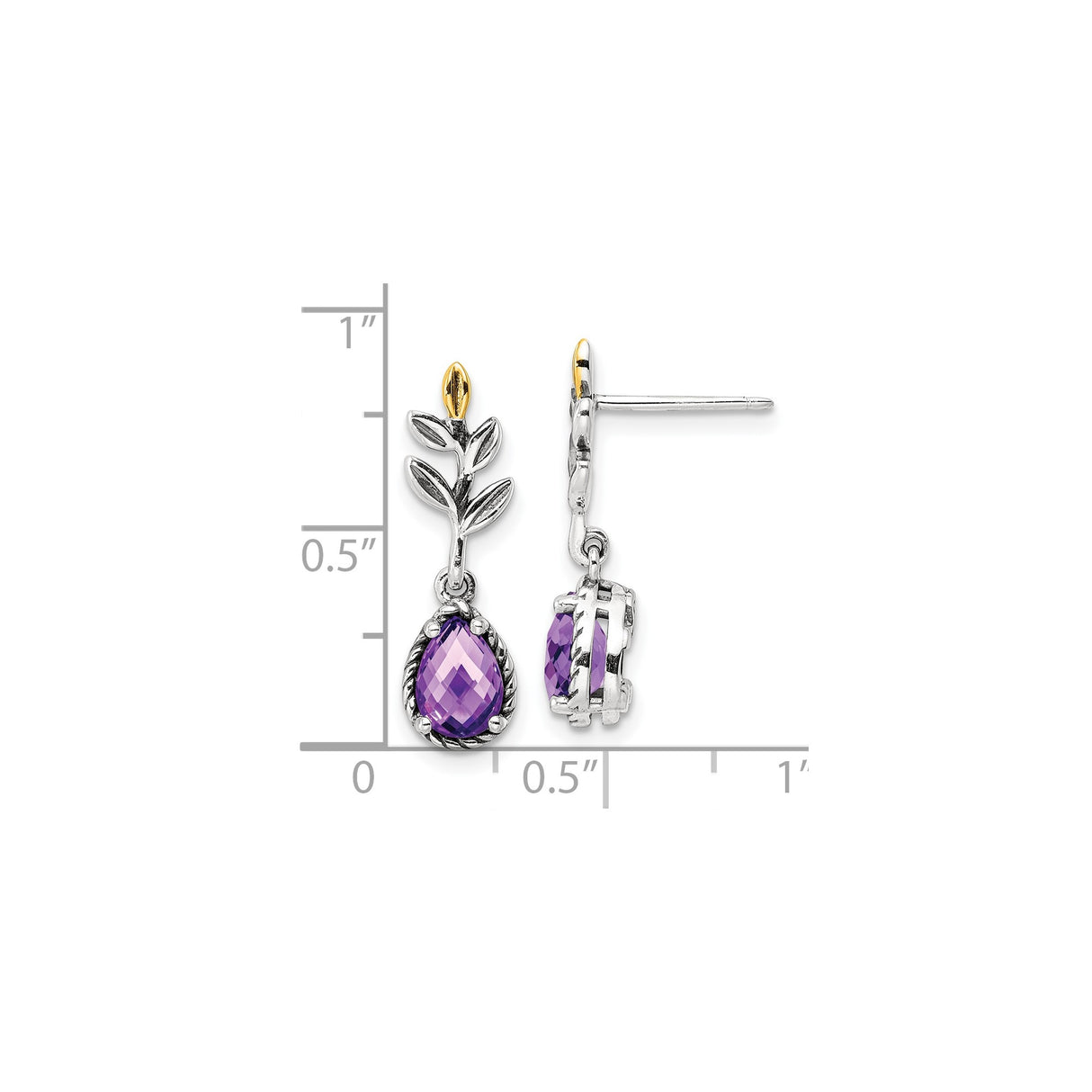 14k Yellow Gold and Sterling Silver Dangle Earrings with Amethyst, Leaf and Vine Motif