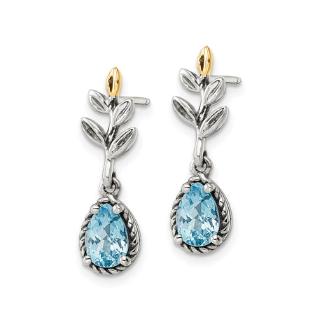 14k Yellow Gold and Sterling Silver Dangle Earrings with Swiss Blue Topaz, Leaf and Flower Design