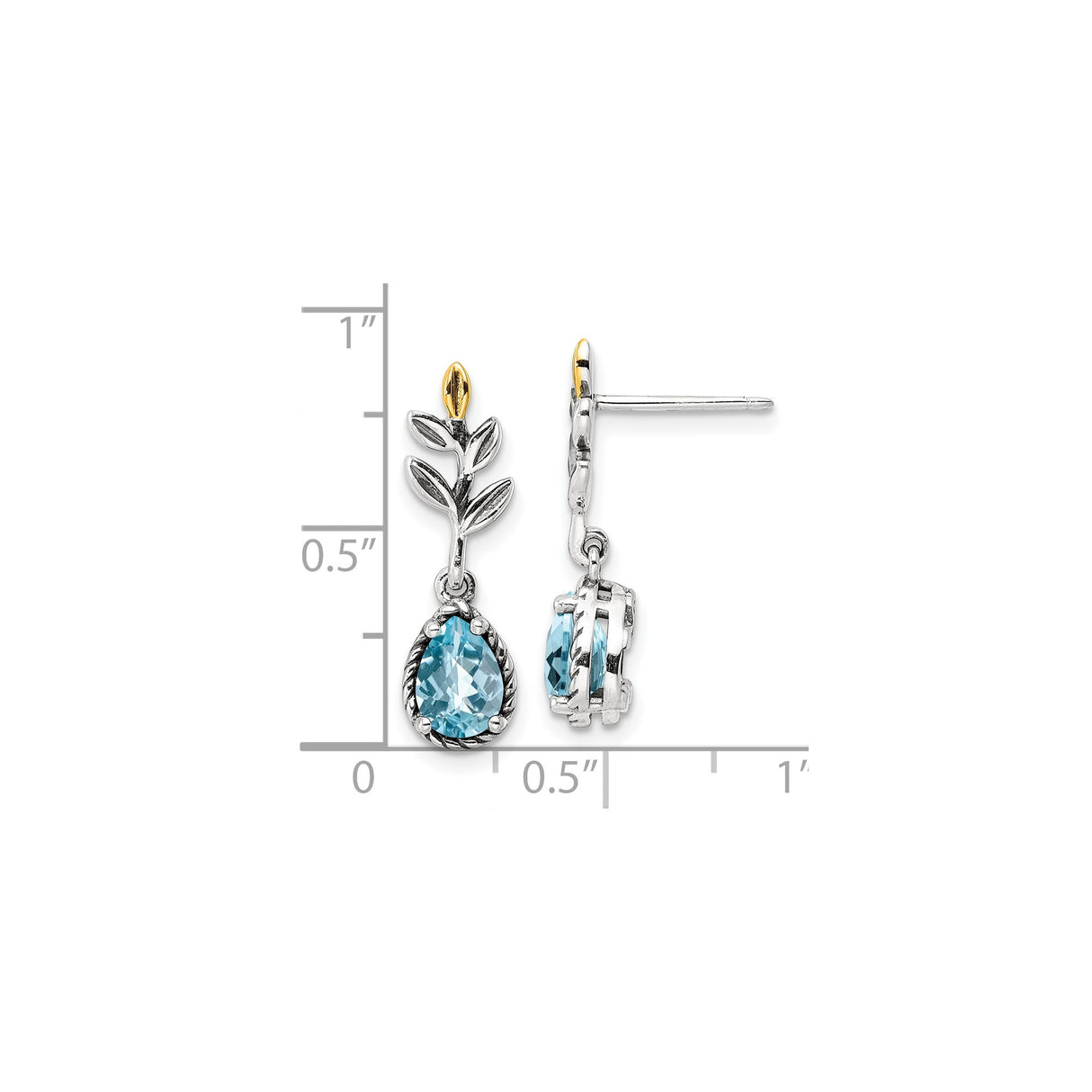 14k Yellow Gold and Sterling Silver Dangle Earrings with Swiss Blue Topaz, Leaf and Flower Design