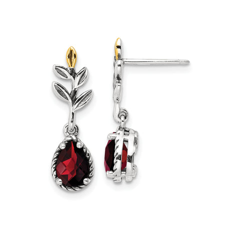 14k Yellow Gold Drop Earrings with Garnet, Two-Tone Leaf and Bud Design for Women