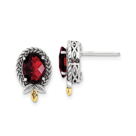Womens Celtic Knot Stud Earrings in 14k Gold and Silver with Deep Red Oval Garnet in Rope Bezel Setting, Two-Tone Heritage Jewelry with Gold Accents and Intricate Knot Design for Elegant Style