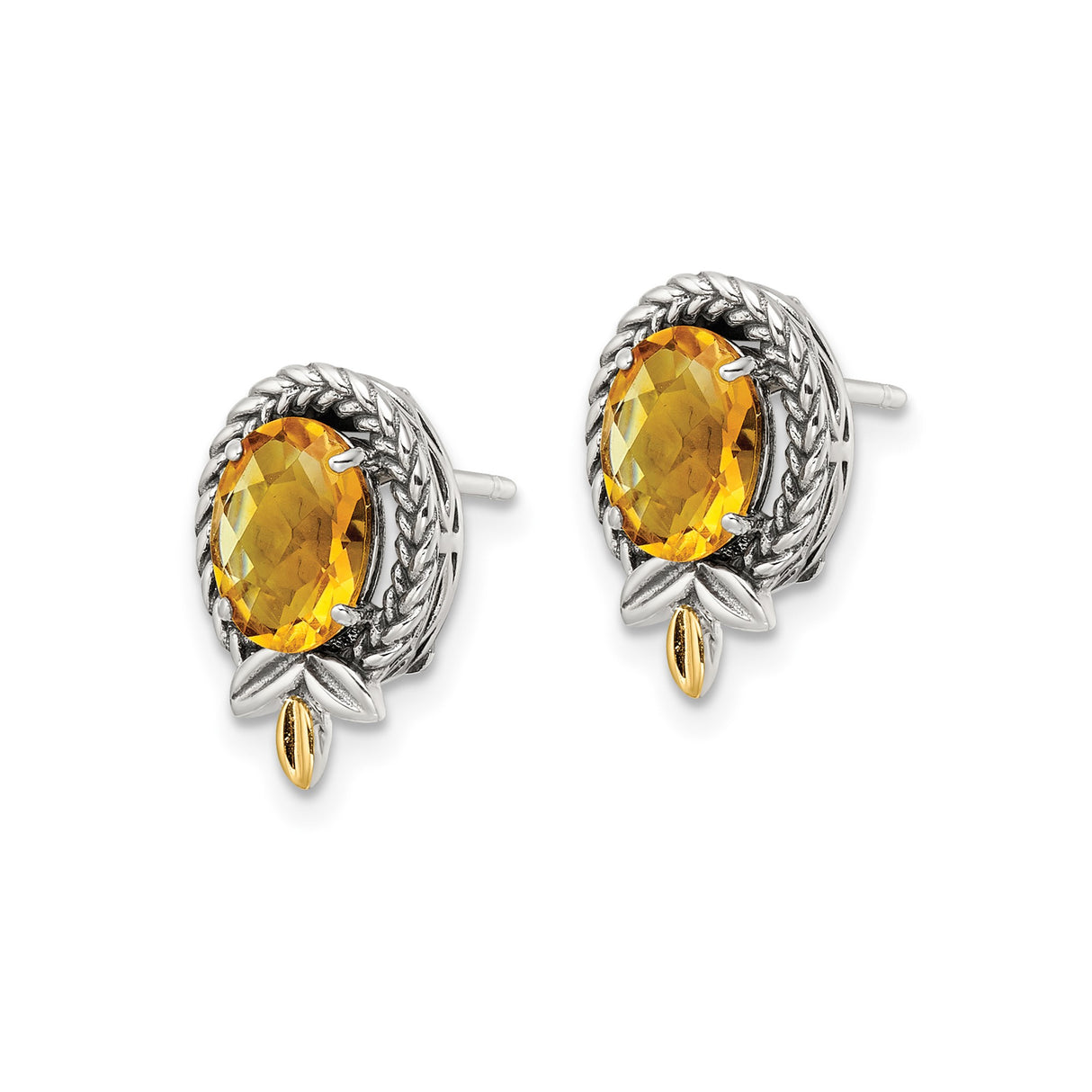 14k Yellow Gold and Sterling Silver Stud Earrings with Citrine, Rope Frame and Leaf Motif