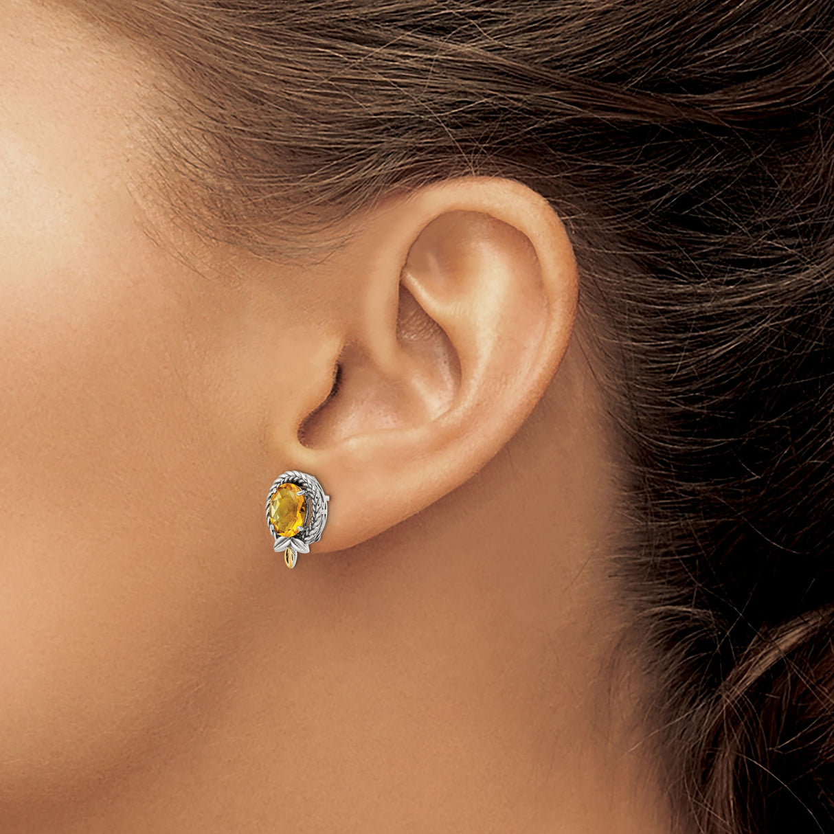 14k Yellow Gold and Sterling Silver Stud Earrings with Citrine, Rope Frame and Leaf Motif