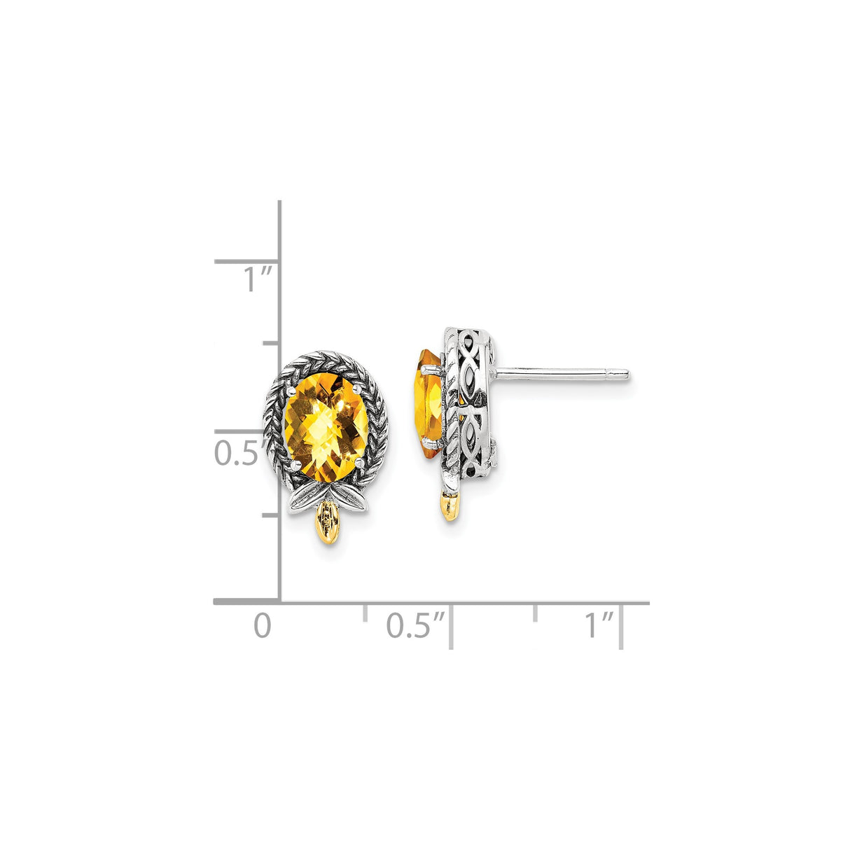 14k Yellow Gold and Sterling Silver Stud Earrings with Citrine, Rope Frame and Leaf Motif