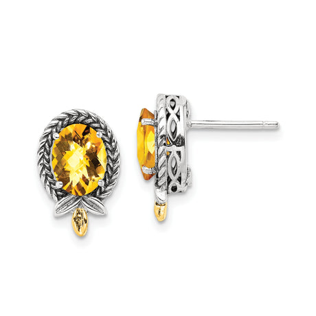 14k Yellow Gold and Sterling Silver Stud Earrings with Citrine, Rope Frame and Leaf Motif