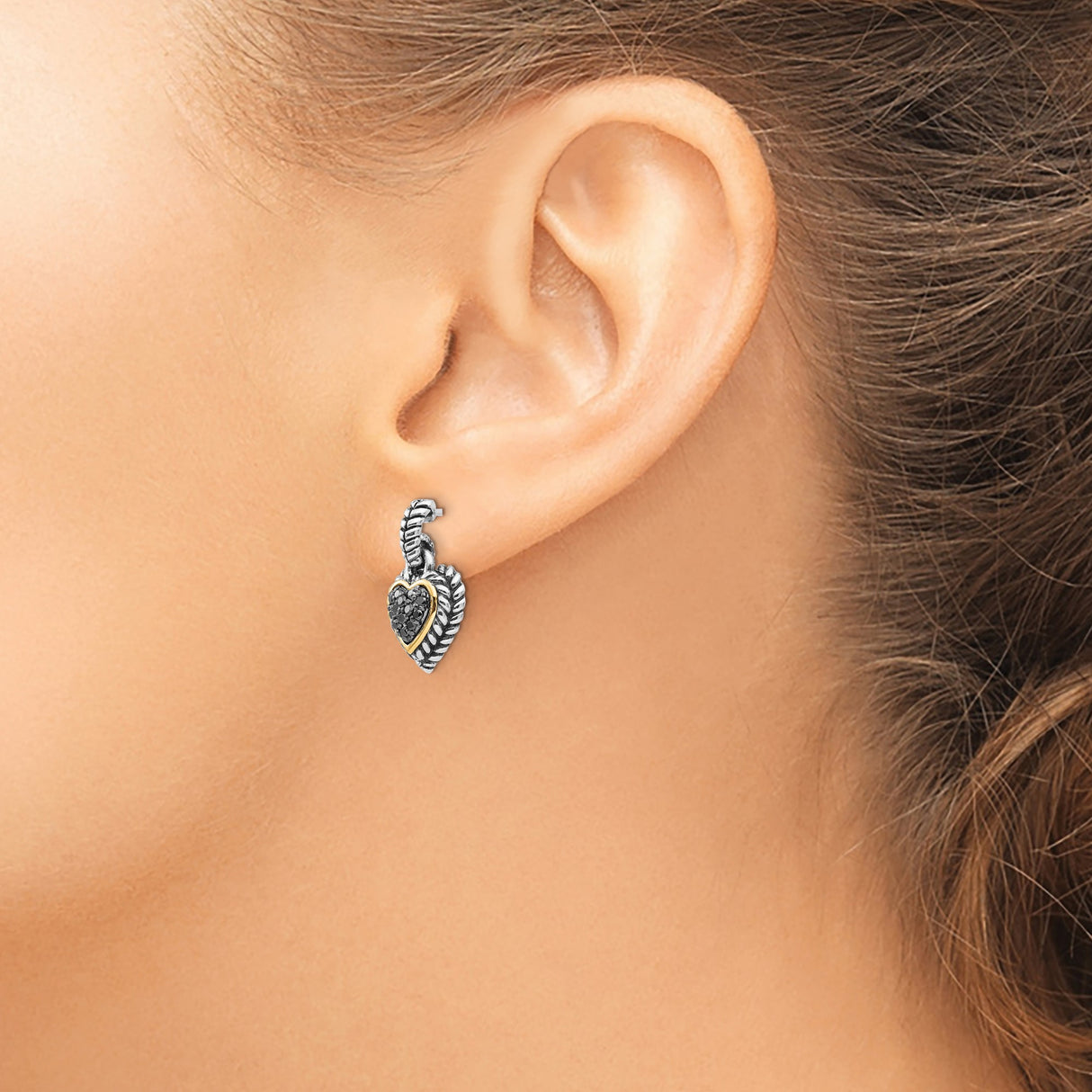 14k Yellow Gold and Sterling Silver Heart Drop Earrings with Black Diamond and Rope Border