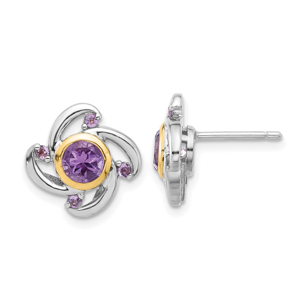 14k Yellow Gold Stud Earrings with Amethyst Center, Floral Swirl Design